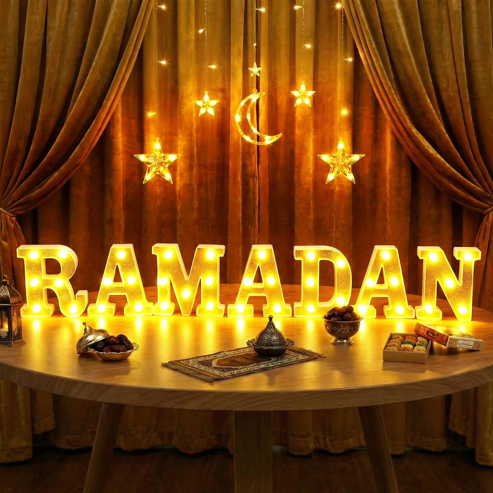 Aurelema 7 Pcs Ramadan Decorations Ramadan Large LED Letter Sign Powered Battery Light Gold Powder Surface Hanging Decor for Party Decorations Indoor Outdoor