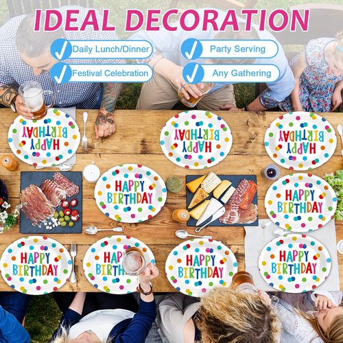 50 PCS Happy Birthday Oval Paper Plates - 11inch Large Colorful Dots Design Platters, Heavy Duty Dish Tray for Party Decorations, Gathering, Picnic Tableware Supplies