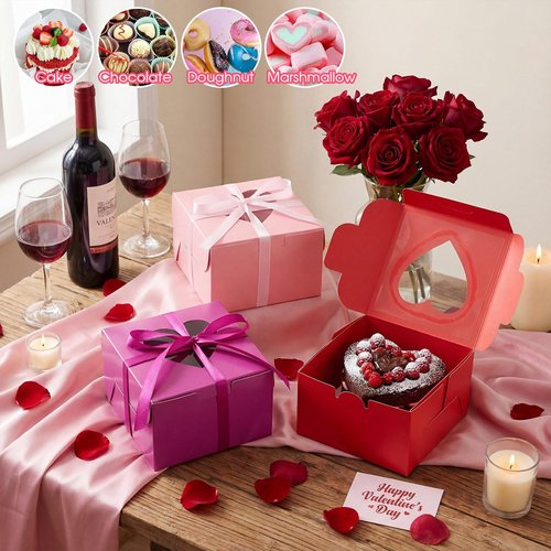 Henoyso 80 Pcs Mother's Day Cupcake Boxes 4 x 4 x 2.5 Inch Valentine Galentine Bakery Treat with Heart PVC Window Individual Cookie Candy Boxes for Gift Giving Party Favor (Pink,Red,Purple)