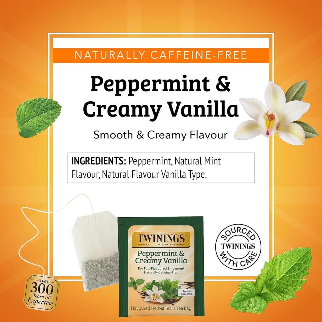Twinings Peppermint & Creamy Vanilla Herbal Tea - Caffeine-Free, 20 Individually Wrapped Bags (Pack of 2)