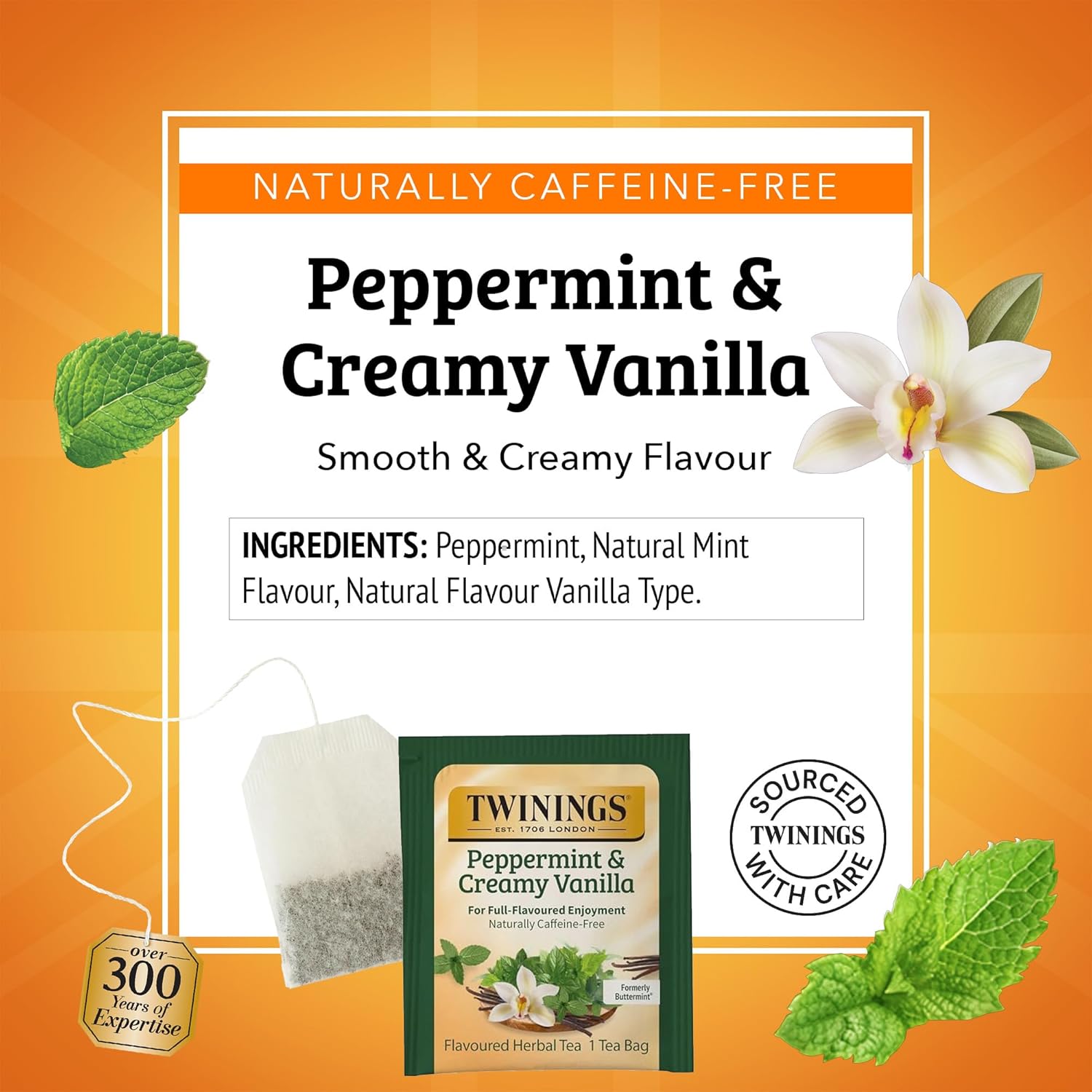 Twinings Peppermint & Creamy Vanilla Herbal Tea - Caffeine-Free, 20 Individually Wrapped Bags, Pack of 6