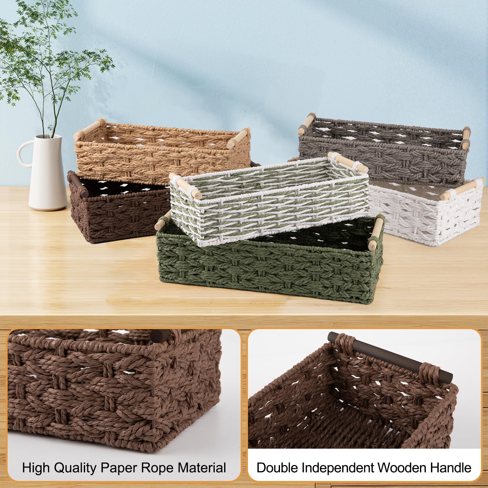 OIAHOMY Toilet Paper Baskets Handmade Paper Rope Decorative Wicker Storage Tank Shelf Cabinet Organizer for Bathroom Home, Set of 2, Green