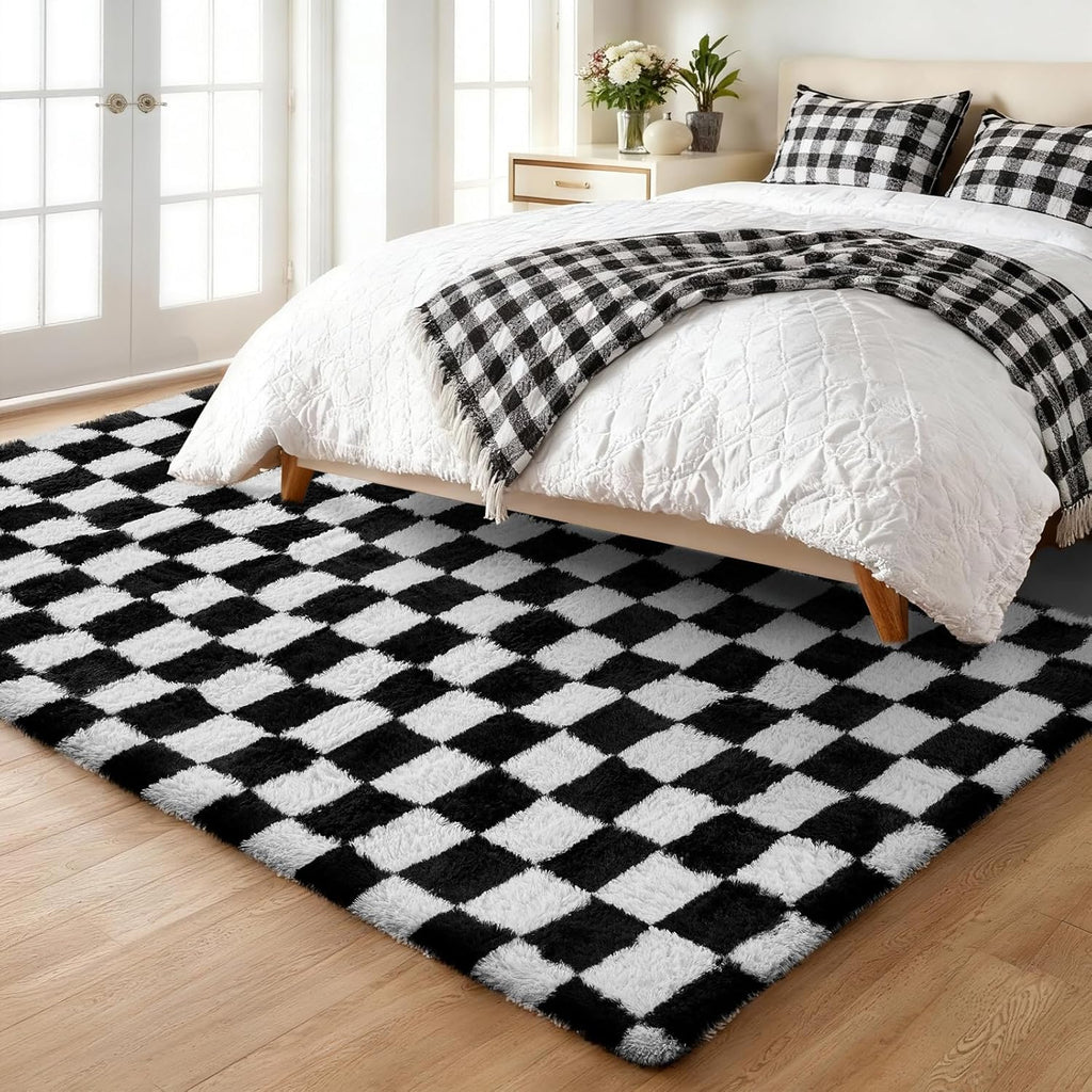 Ophanie Checkered Black & White Area Rug - Soft Fluffy Shaggy Carpet for Living Room & Bedroom | 6x9 ft