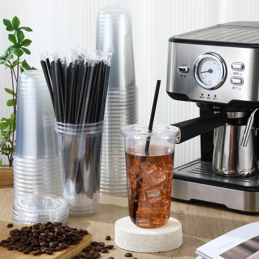 Ziliny 100 Set Clear Plastic Cups with Lids and Straws, Disposable Iced Coffee PET Cups for Drinking Cold Beverage Juice Parfait Smoothie Milkshake Coffee Shops Party Supplies (20 oz)
