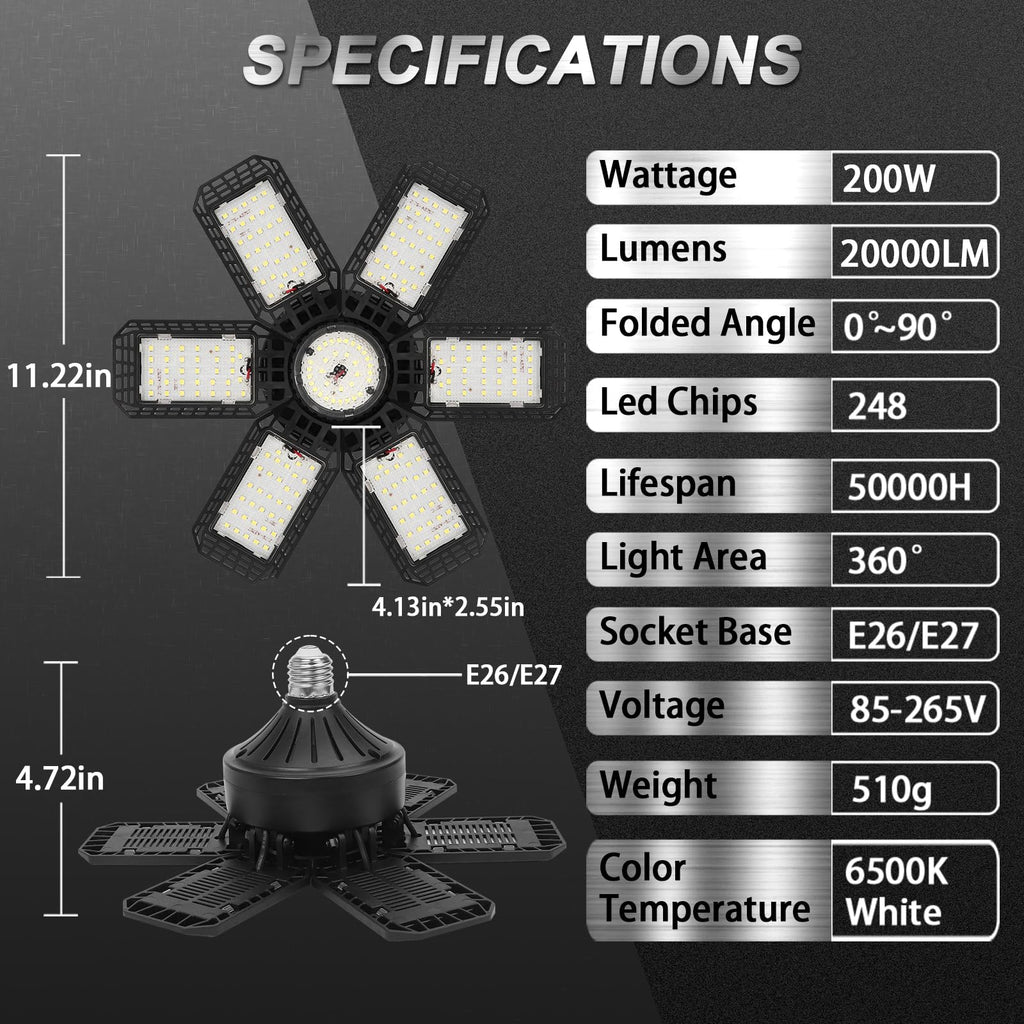 AUDLES 4 Pack Garage Lights, 200W 20000LM 6500K LED Shop Lights, Garage Light Ceiling Led with 6+1 Deformable Panels, Screw in E26 Socket Bulb for Warehouse, Workshop, Basement, Barn Lighting