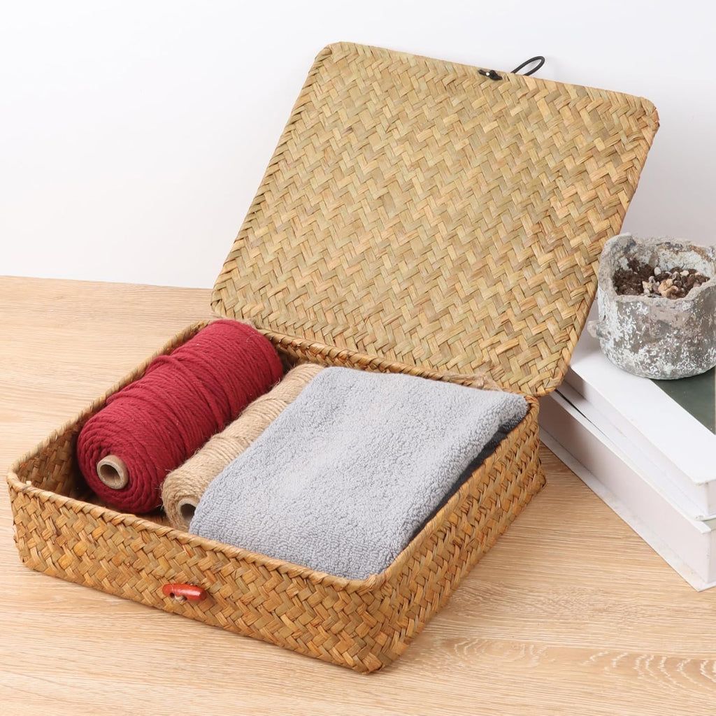 Moosky Wicker Shelf Baskets - Seagrass Storage Bins with Lids | Natural Set of 2 for Home Organization