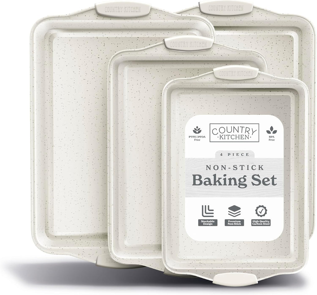 Country Kitchen Nonstick Bakeware Set - Heavy-Duty, Easy Release, Stackable | 4-Piece Cream Set