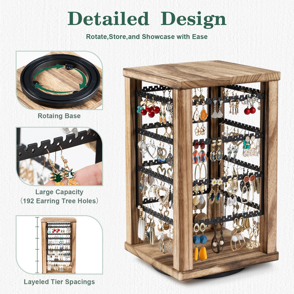 Emfogo 360 Earring Holder Organizer, Rustic Wood Earring Stand, Rotating Wooden Display, 4 Tiers Earring Organizer Stand for Stud Earrings, Hoop Earrings & Necklaces, Women Gifts