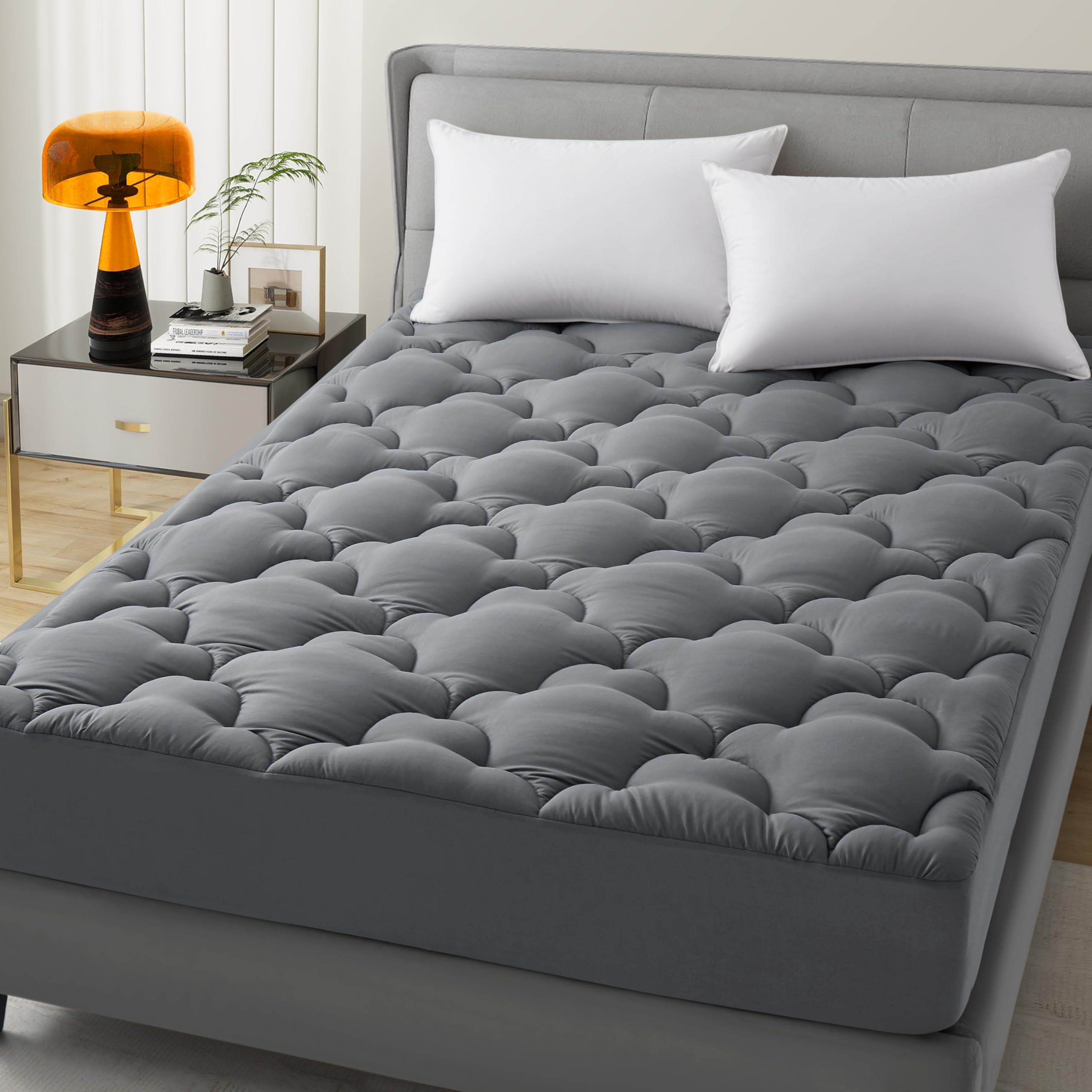 WQSPRING Mattress Pad Queen Size, Plush Pillow Top Mattress Topper & Waterproof Protector, Cooling Fitted Cover (8-21”), Noiseless, Breathable