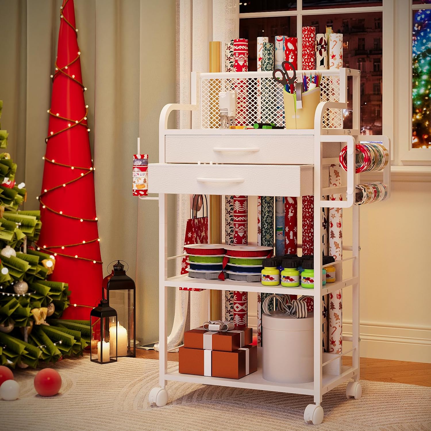 Skiennix Rolling Craft Storage Cart - 2 Fabric Drawers & Lockable Wheels | Gift Wrap Organizer with Ribbon & Tape Holder