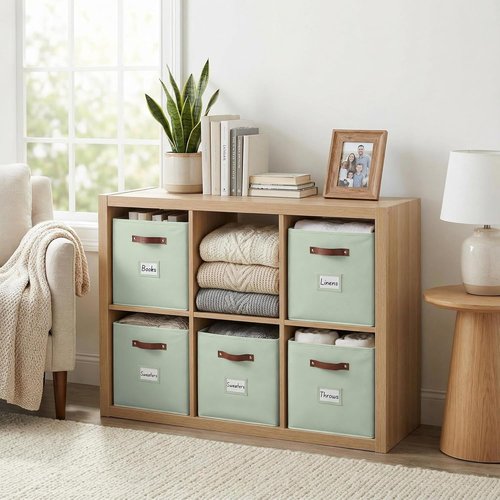 DECOMOMO Storage Bins - Fabric Cube Storage Bins with Labels for Shelves | 10.5" x 11" | 2pcs, Sage Green
