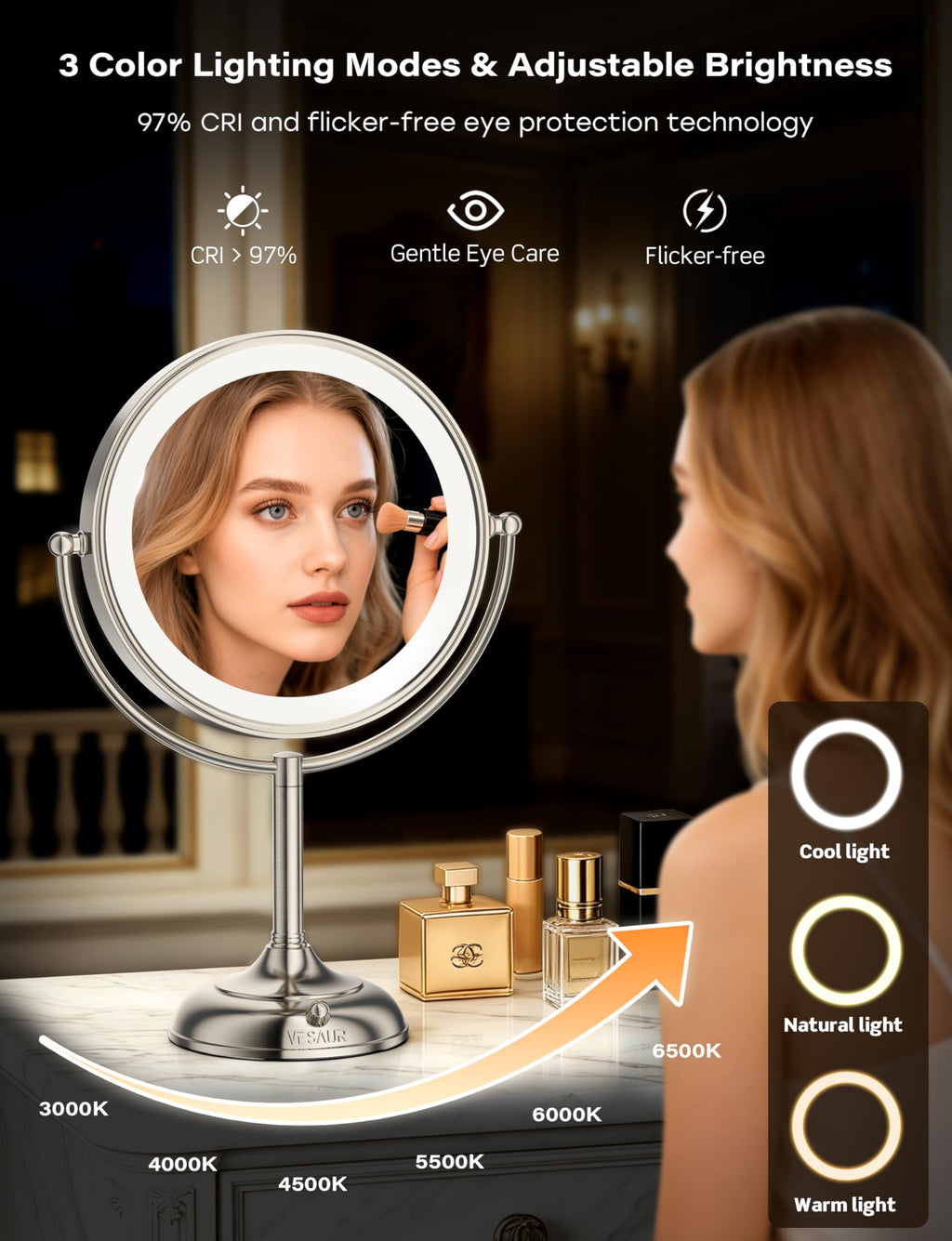 VESAUR 2026 Upgraded 20X lighted makeup mirror with magnification, 9" 1X10X Magnifying Mirror with 3 Color Modes & Adjustable Brightness, 5000mAh Rechargeable Vanity Mirror, 360° Swivel, Nickel, Gifts