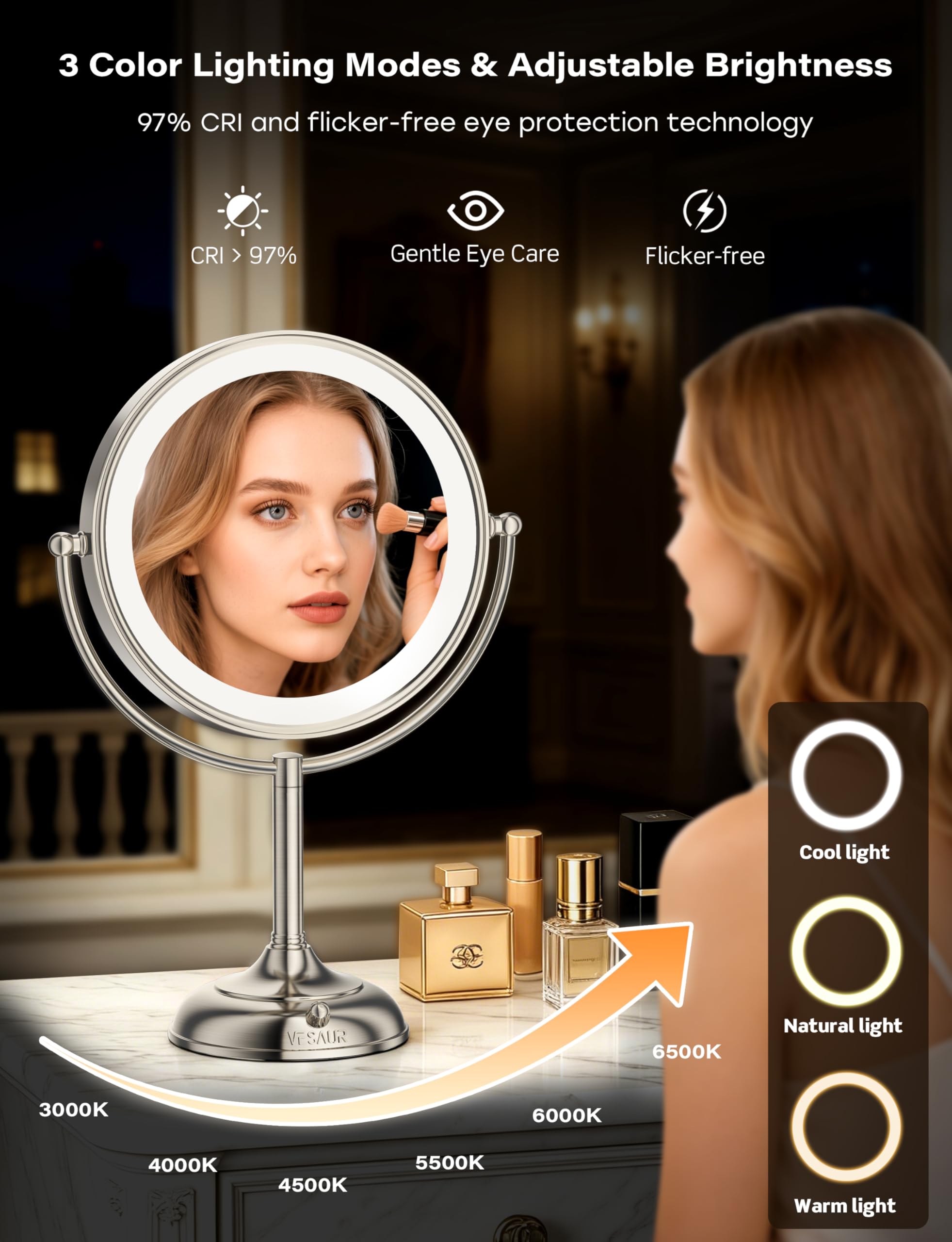 VESAUR 2026 Upgraded 20X lighted makeup mirror with magnification, 9" 1X10X Magnifying Mirror with 3 Color Modes & Adjustable Brightness, 5000mAh Rechargeable Vanity Mirror, 360° Swivel, Nickel, Gifts