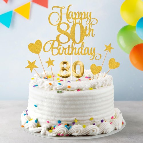 80th Birthday Cake Decorations Set - Glitter Happy 80th Birthday Toppers & Candles | Gold