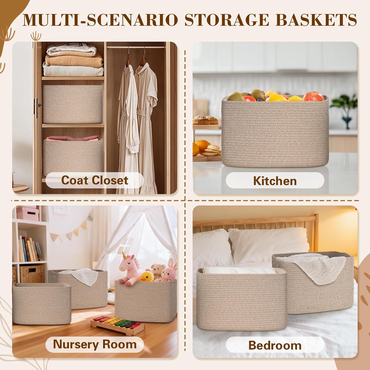 Storage Baskets - Woven Brown Organizing Bins | 3-Pack 15" x 10" x 9" for Toys & Home