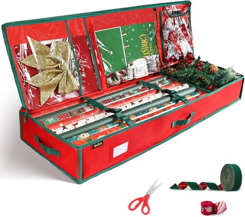 Gift Wrap Organizer by [Brand Name] - Sturdy 600D Oxford Fabric Storage Bag for Christmas Wrapping Paper | Large Capacity Red