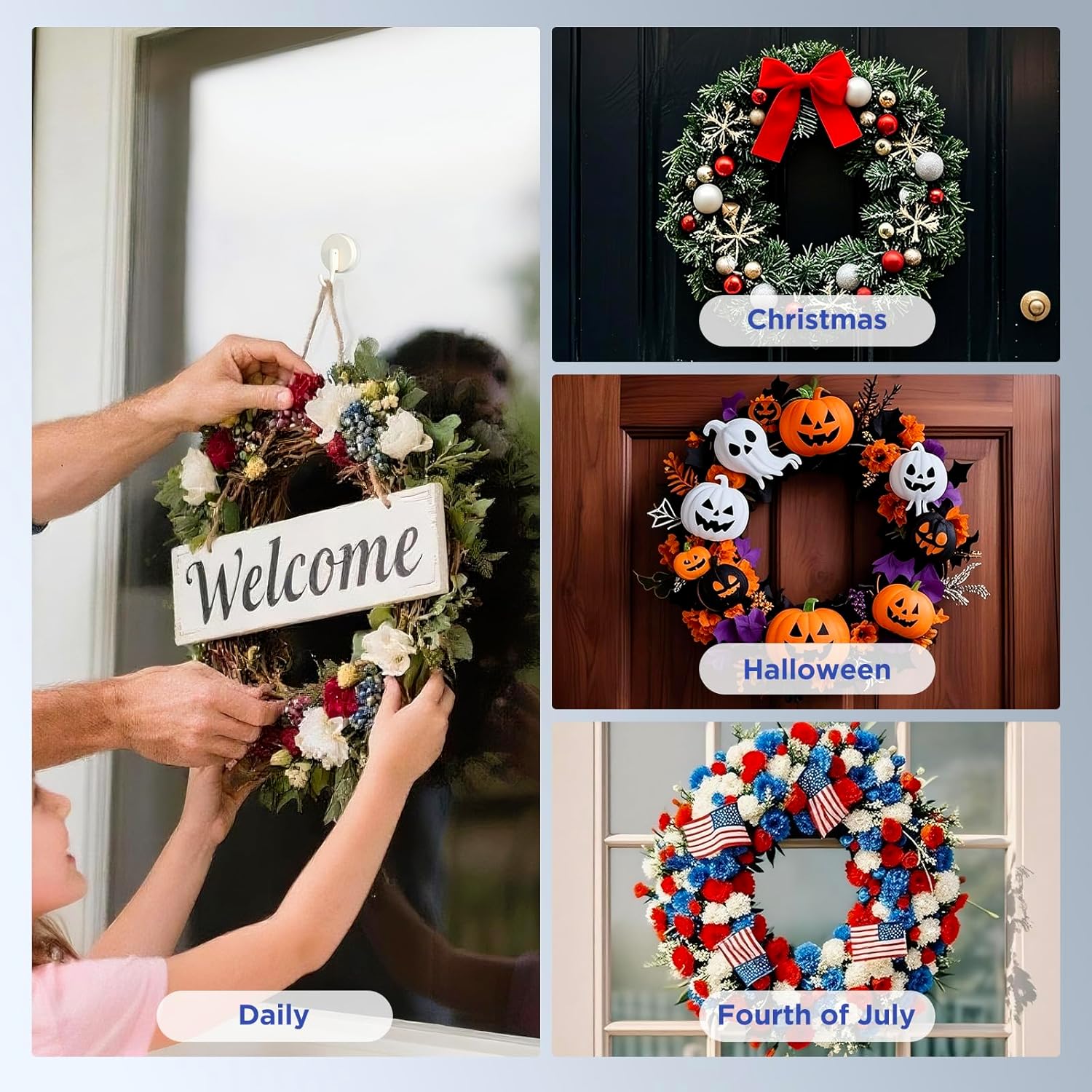 OUTXE Wreath Hanger - Upgraded Suction Cup Hook for Front Door & Windows | 4-Pack (White)