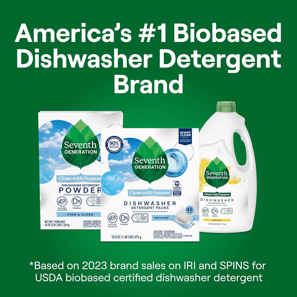Seventh Generation Dishwasher Detergent Packs - Free & Clear | 45 Count for Sparkling Clean Dishes