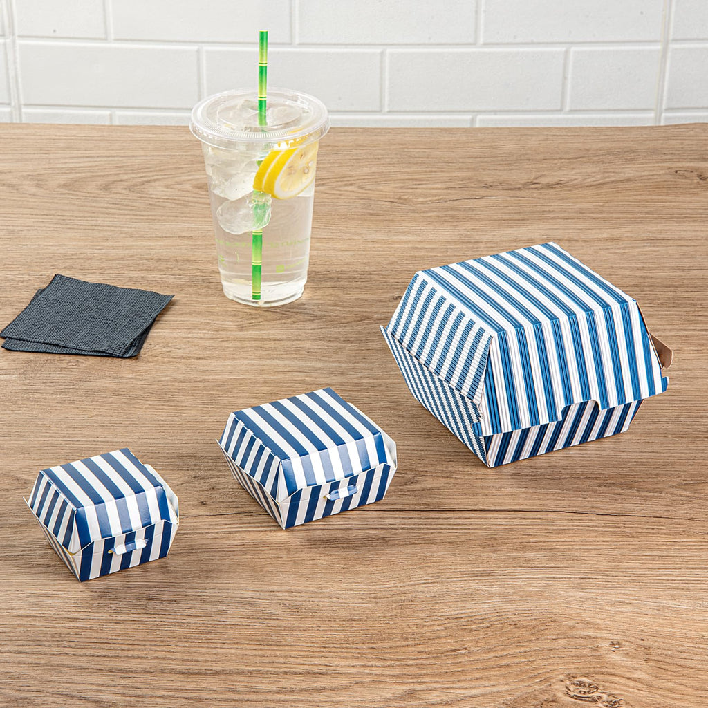 Restaurantware 2.8 x 2.8 x 2 Inch Mini Burger Boxes 100 Clamshell Food Containers - Hinged Lid Striped Blue And White Paper Take Out Boxes Serve Sliders Or Finger Foods