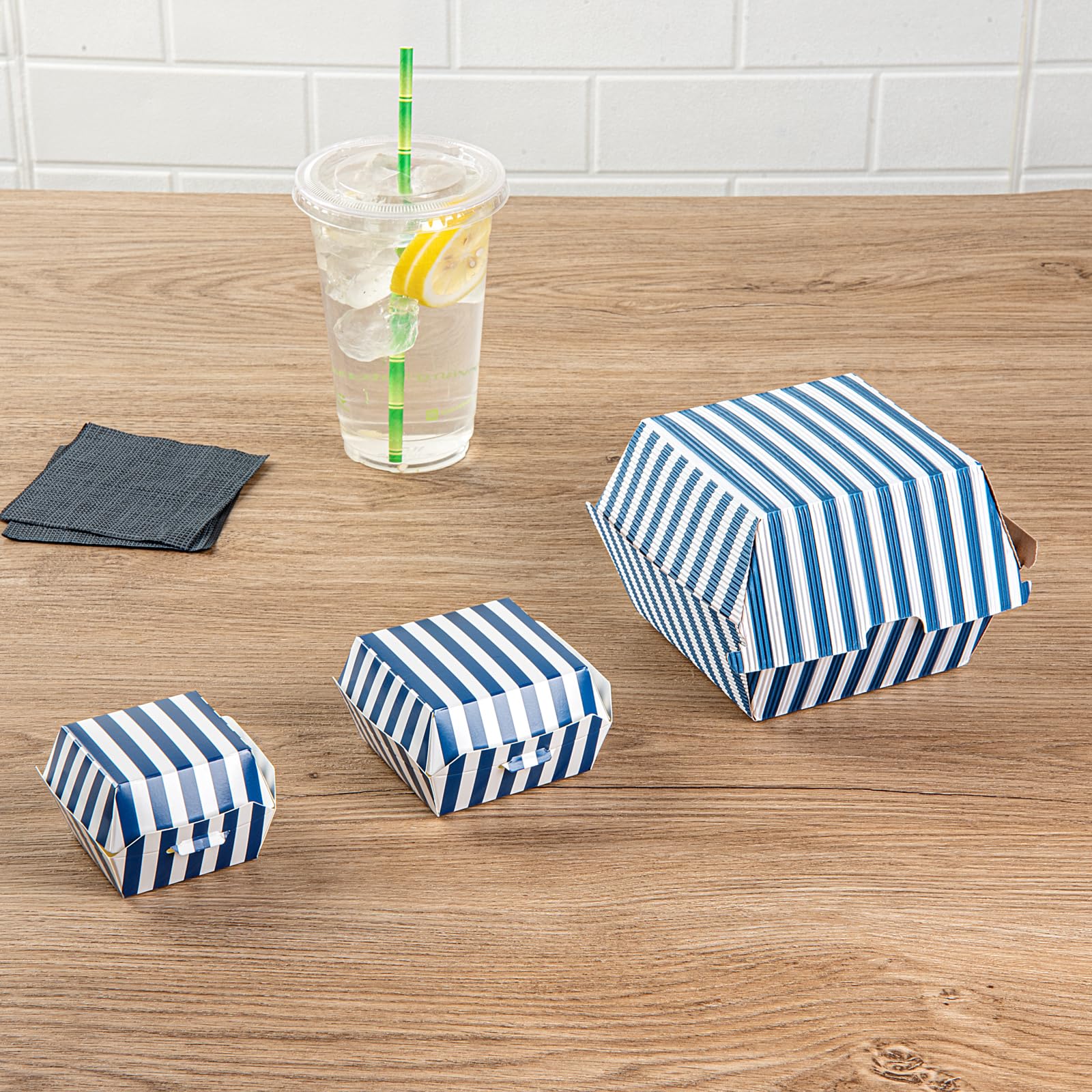 Restaurantware 2.8 x 2.8 x 2 Inch Mini Burger Boxes 100 Clamshell Food Containers - Hinged Lid Striped Blue And White Paper Take Out Boxes Serve Sliders Or Finger Foods
