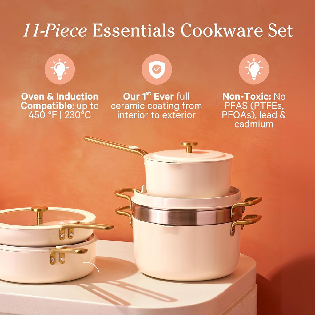 Our Place 11-Piece Cookware Set - Nonstick Ceramic Fry Pan, Saucepan, Sauté Pan & Stock Pot | Oven Safe to 450°F | Cream