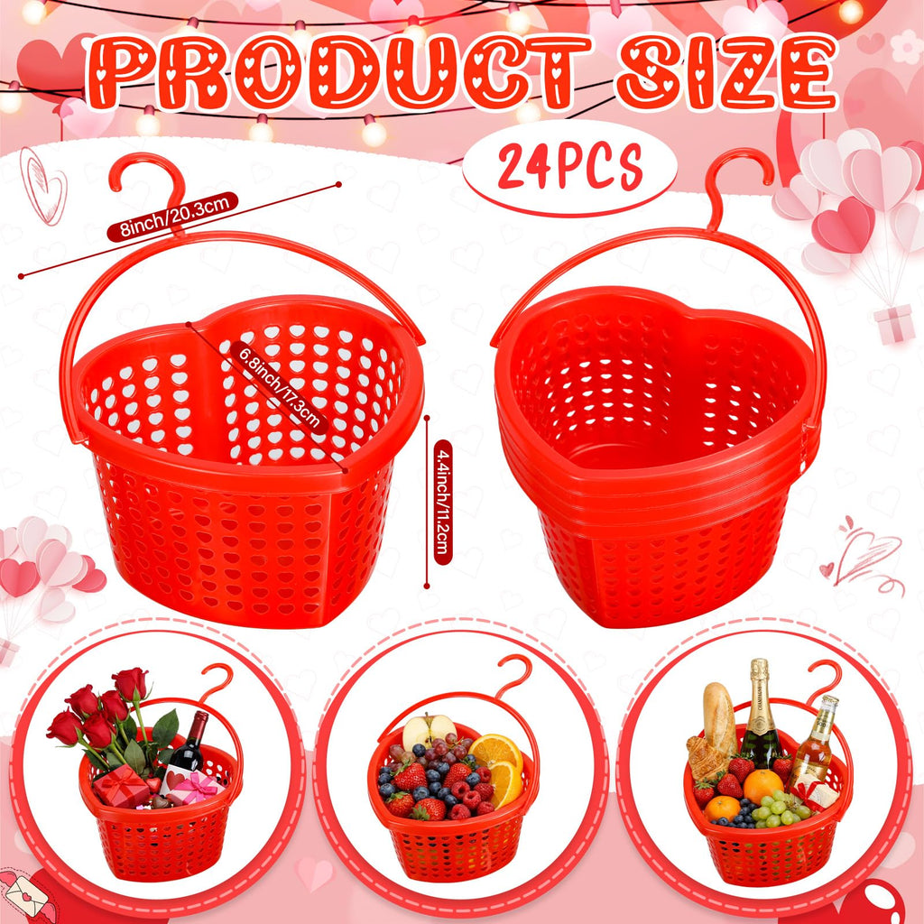 Acellegic 24 Set Pink Valentine's Day Heart Baskets Hollowed Plastic Storage Baskets with Handles for Gift Organizing Home Kitchen Office Birthday Party