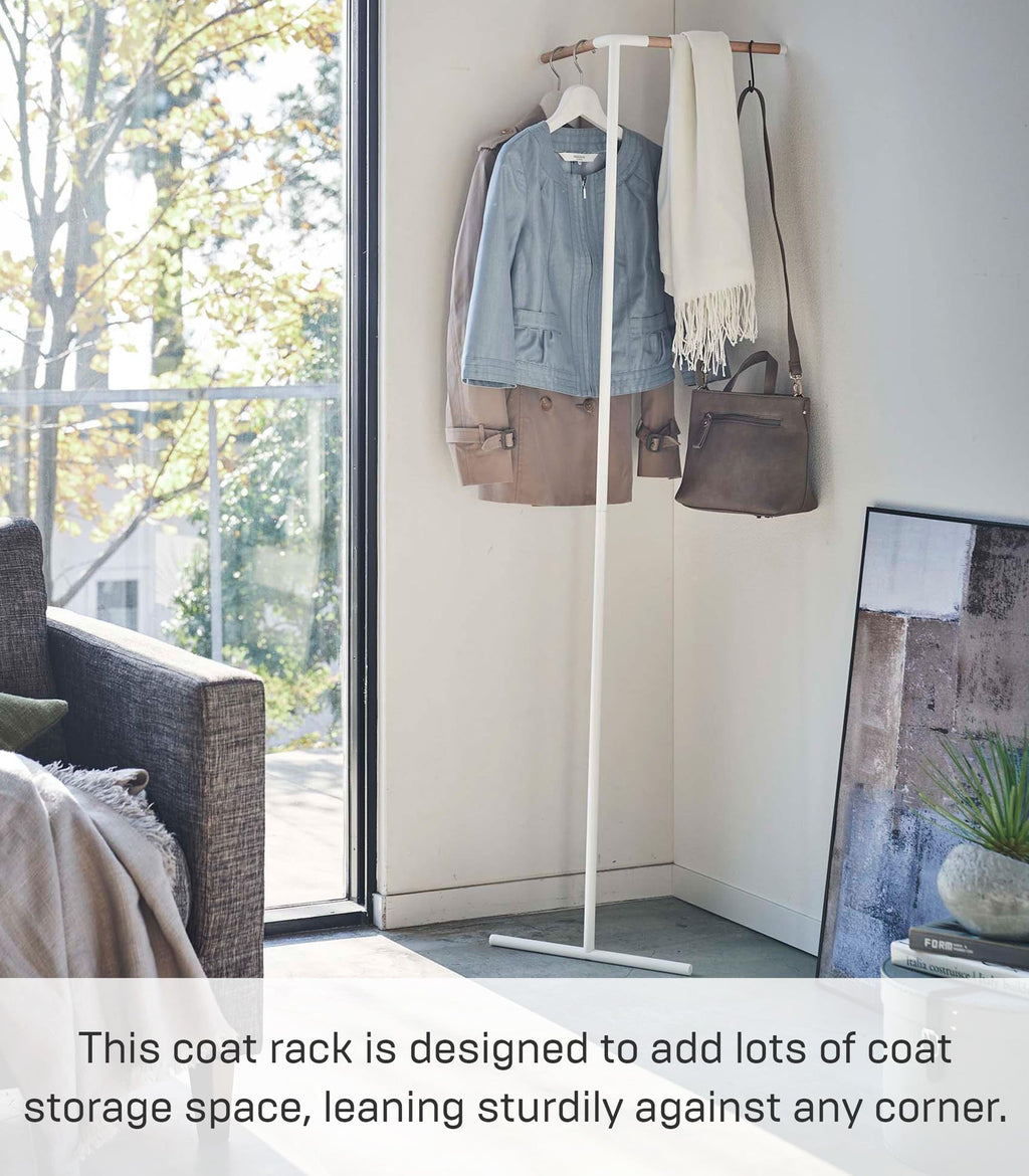 Yamazaki Home Tower Freestanding Corner Coat Rack, Modern Leaning Coat Hanger Stand With Wooden Accent For Bedroom Living Room Or Entryway, 63" - Steel + Wood