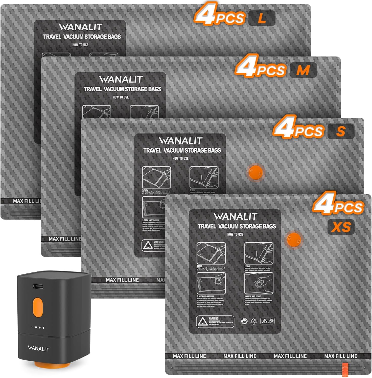 Skiennix Vacuum Storage Bags - 16 Pack Travel Essentials with Wireless Rechargeable Electric Pump | Space Saver Compression for Luggage & Home