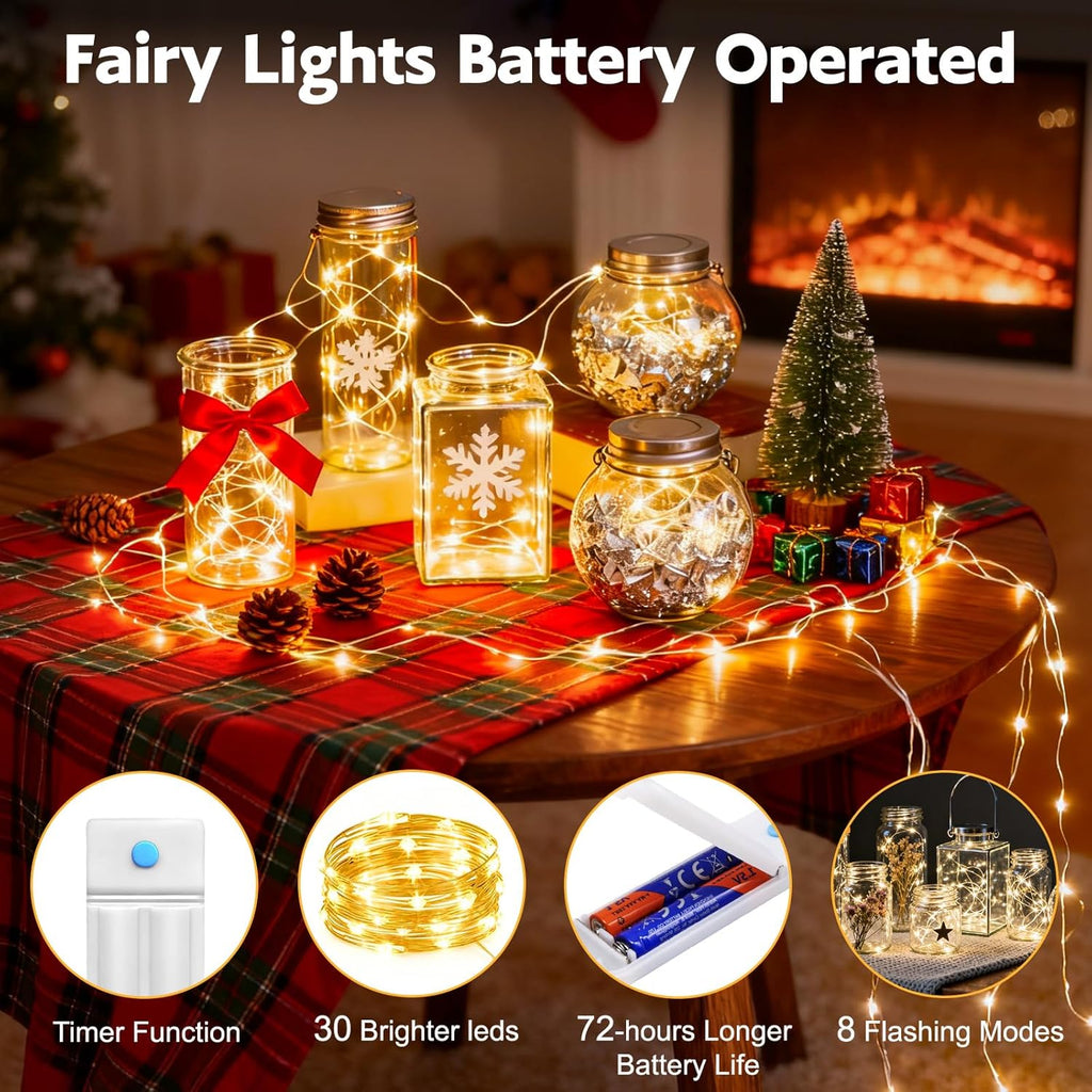Skiennix 10 Pack Battery Operated Fairy Lights - 30 LED Waterproof String Lights for Indoor/Outdoor Decor | Warm White, 10 Ft, 8 Modes