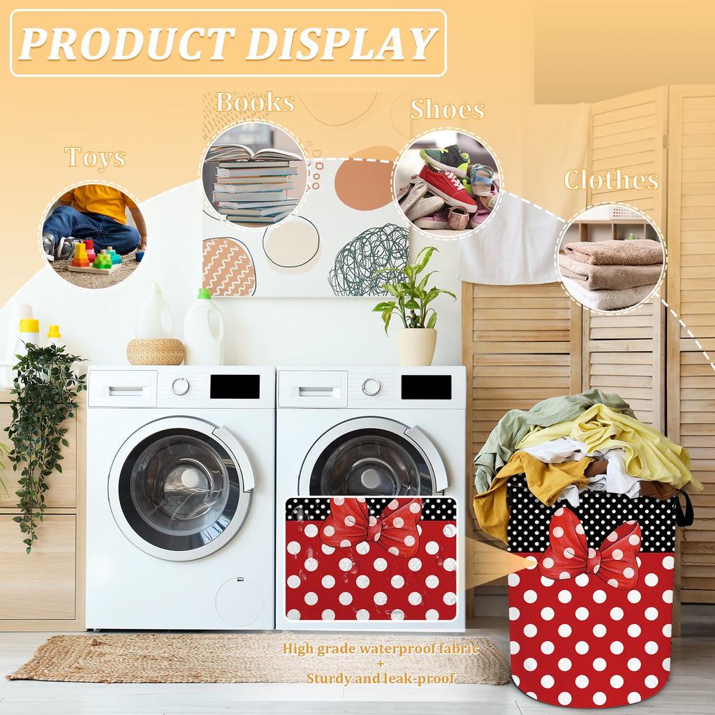 Black Red Polka Dot Laundry Basket, Cute Bow Tie Laundry Hamper Foldable Waterproof Funny Tote Bag Dirty Clothes Storage Bucket Toy Organizer for Bathroom/Laundry/Bedroom 15.7"x19.6"