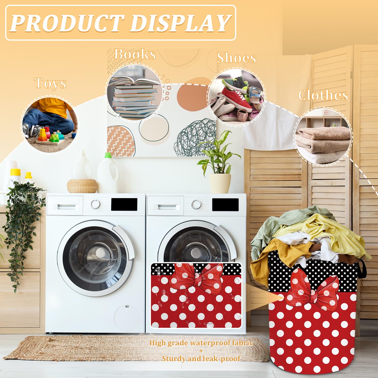 Black Red Polka Dot Laundry Basket, Cute Bow Tie Laundry Hamper Foldable Waterproof Funny Tote Bag Dirty Clothes Storage Bucket Toy Organizer for Bathroom/Laundry/Bedroom 15.7"x19.6"