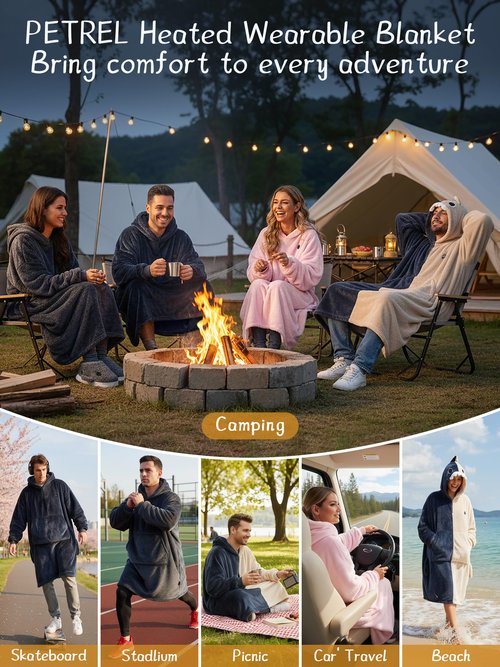 PETREL Wearable Heated Blanket with 16000mAh Battery,Cordless Electric Heating Blanket Hoodie,Oversized Sweatshirt Throw Blanket,Heated Shawl with Sleeves Flannel for Indoor,Outdoor,Camping,Traveling