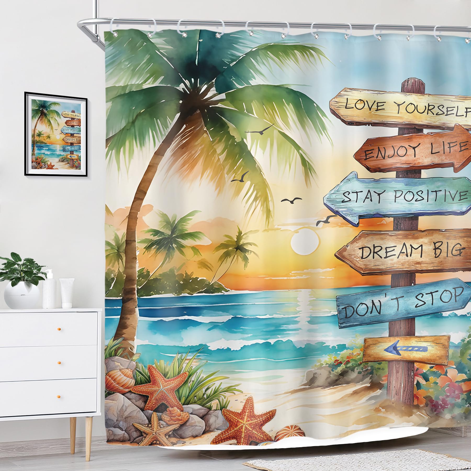 Riyidecor Tropical Beach Palm Tree Shower Curtain for Bathroom Decor 72Wx72H Ocean Quotes Coastal Sunset Watercolor Scenery Inspirational Art Printed Fabric Polyester Waterproof 12 Pack Plastic Hooks