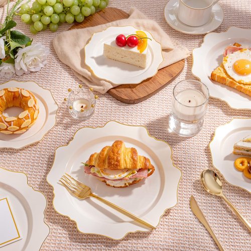 WDF 200PCS Ivory Plastic Plates with Gold Rim - Cream Plastic Plates - Include 100 Dinner & 100 Dessert Fancy Disposable Plate for Party - Heavy Duty Plate for Wedding Baby Shower Spring