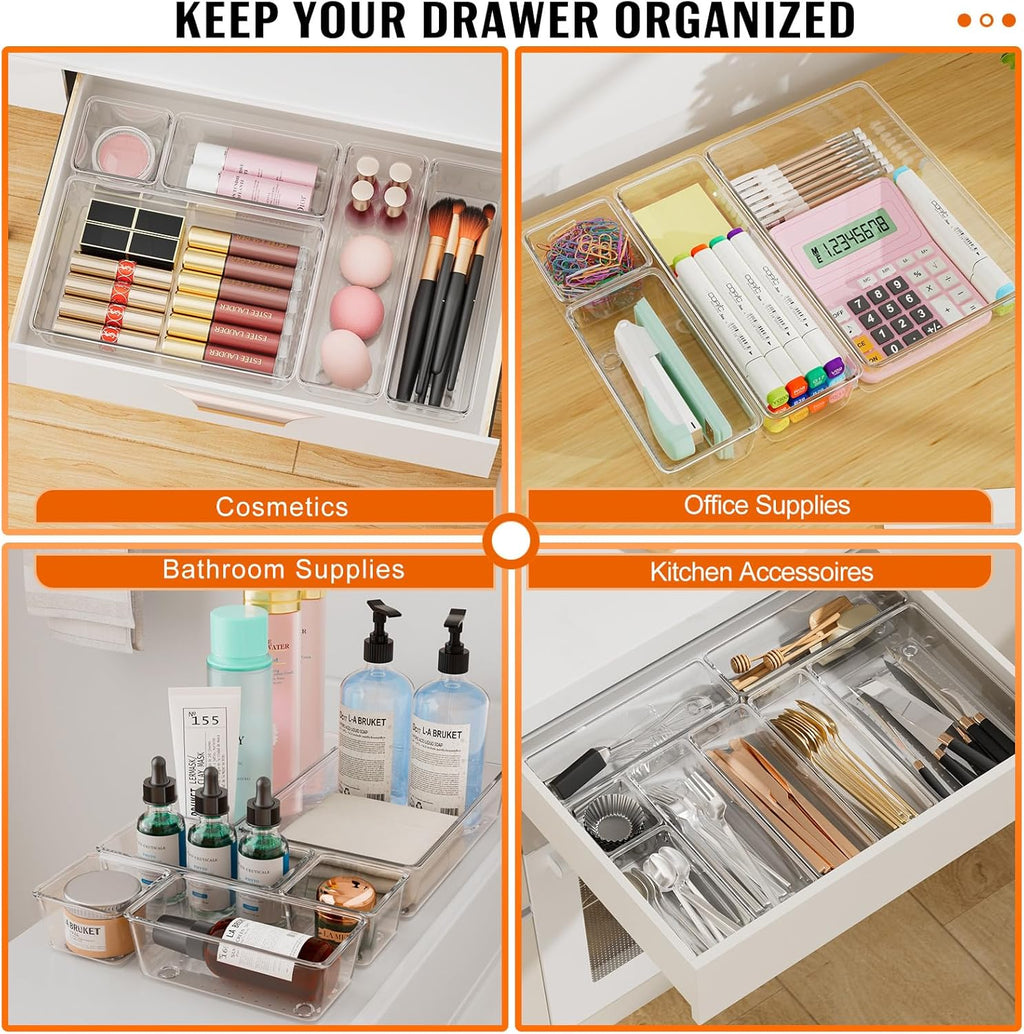 YFXCVSL Drawer Organizer Set - 30 PCS Clear Storage Bins for Makeup, Jewelry & Gadgets | 4 Sizes
