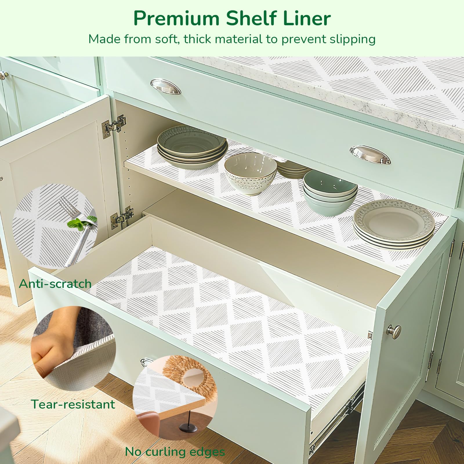 Shelf and Drawer Liners for Kitchen Cabinets Non-Adhesive 12" x20FT, Non-Slip Cabinet Liner, Waterproof Shelf Paper Thickened Washable Mats, Protection for Shelves, Cupboard, Pantry, Drawers, Dresser