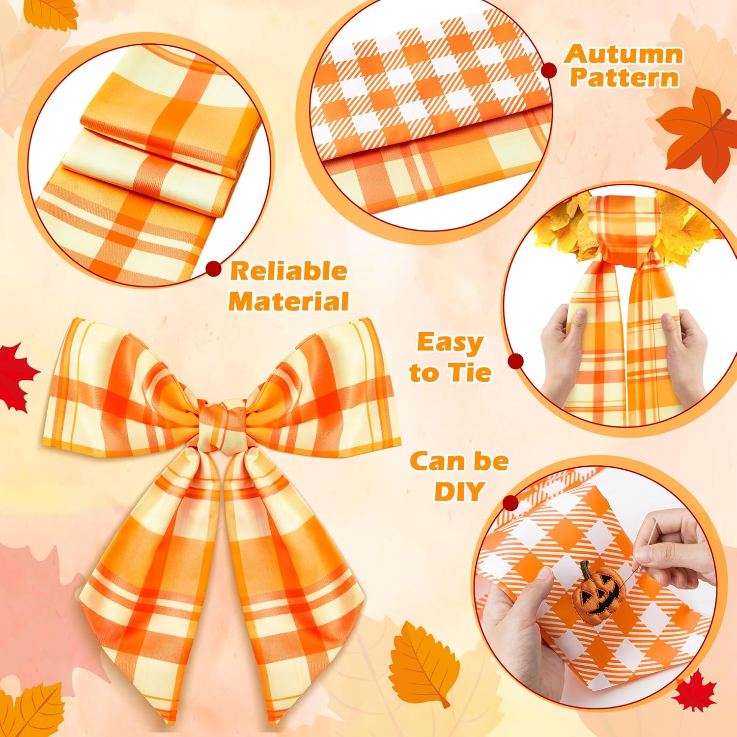 WATINC Wreath Sash - Autumn Orange 2pcs Buffalo Check DIY Bow for Front Door Decor | Thanksgiving Satin Accessories (56'' x 4.5'')