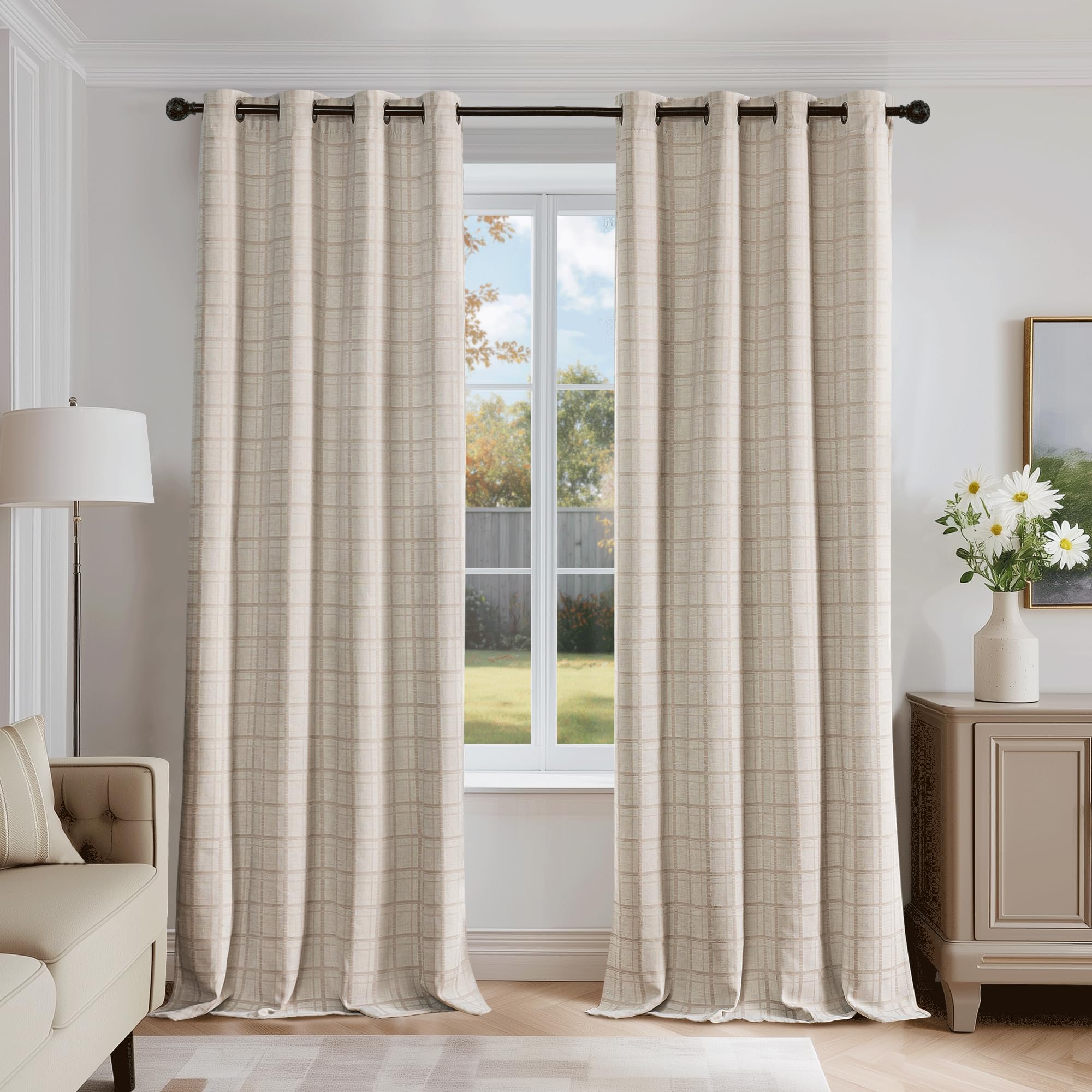 Beauoop Beige Plaid Jacquard Blackout Curtains 84 Inches Long 2 Panels for Bedroom Living Room Gingham Checkered Room Darkening Thermal Insulated Soundproof Grommet Window Drapes, 52x84 2 Set