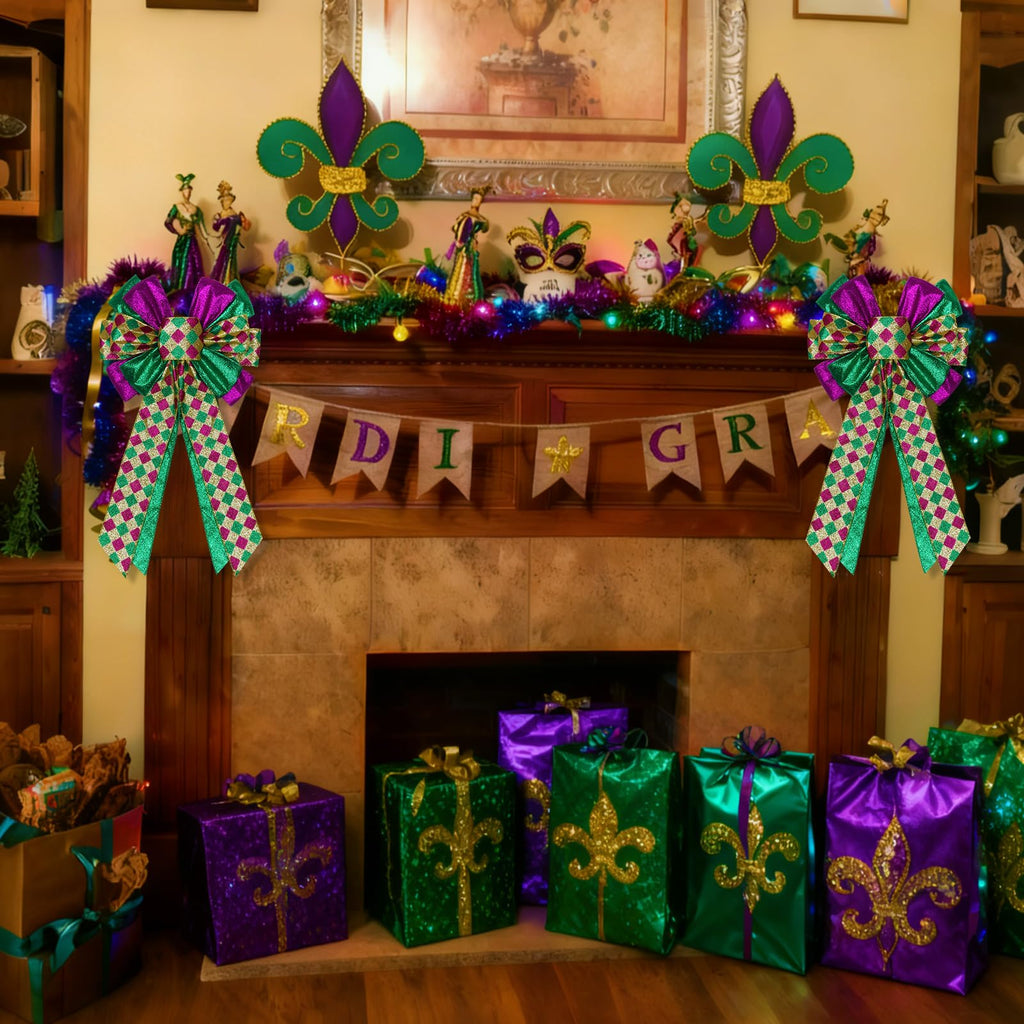 2 Pcs Mardi Gras Bows for Wreaths Decorations,12”x20” Large Glitter Tree Topper Bow Decor for Holiday Party Wall Home Front Door Float Golf Cart Gold Green Purple