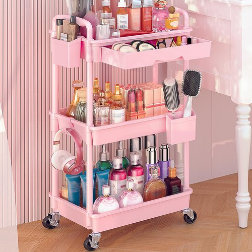 Goovilla Rolling Makeup Organizer Cart with Removable Drawer, 3 Tier Stable Pink Floor Skincare Storage Cart for Vanity, Cosmetic Display, Nail Polish, Perfume, Hair Stuff, Beauty, Bathroom(Plastic)
