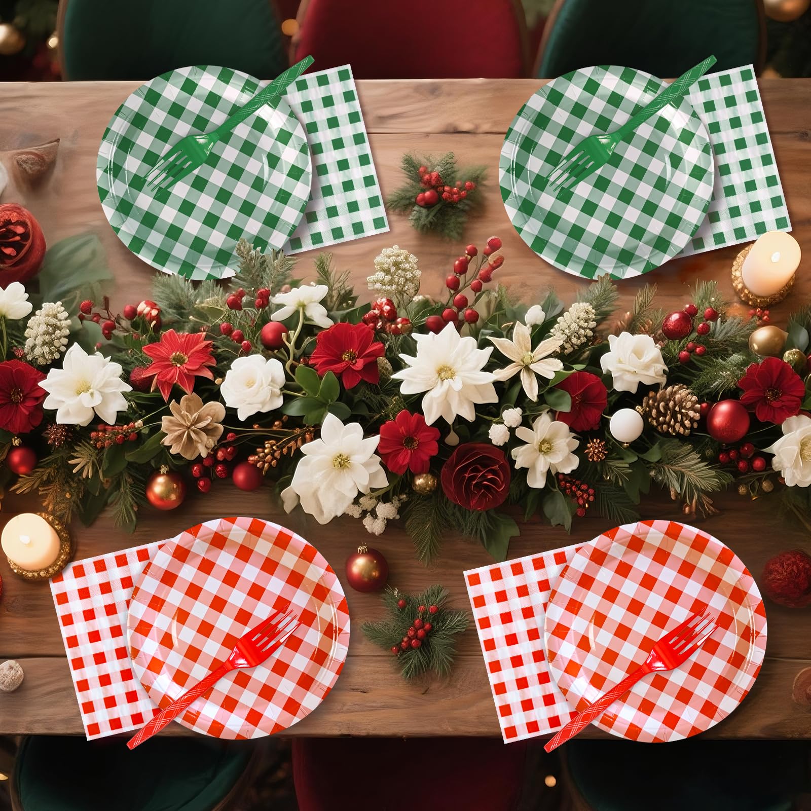 WYQJHKV 105 Pcs Dark Green Gingham Party Supplies Include 7 Inch Disposable Dark Green Dessert Paper Plates and Napkins for Wedding Baby Shower Birthday Party