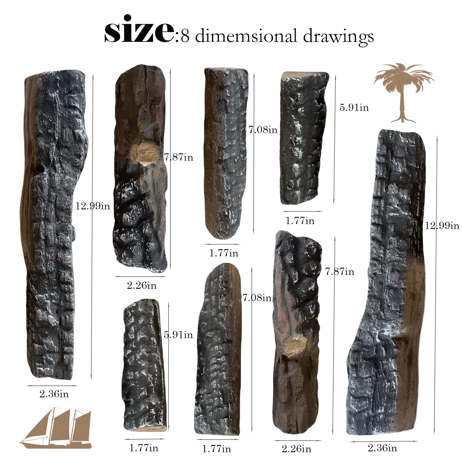 LILALIWA Gas Fireplace Logs, 8 Small Pieces Ceramic Wood Log and Accessory Set for Gas Ethanol Electric Fireplaces, Indoor or Outdoor Fireplaces, Fire Pit Decorations