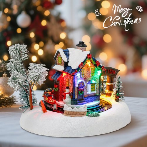 innodept12 Christmas Snow-Village Santas Wonderland House - Animated Rotating Train, Resin Holiday Decor with Music and LED Lights for Indoor Tabletop Display