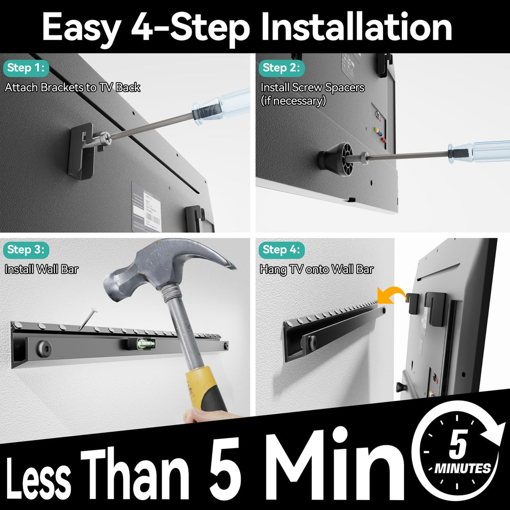 Auoace No Drill TV Wall Mount for 22 to 55 inch TVs, Drywall Smart TV Bracket Tilts Up to 5°, Low Profile TVs Mount up to 100 Lbs, Fast to Install for Bedroom, Living Room, Include All Hardware kit