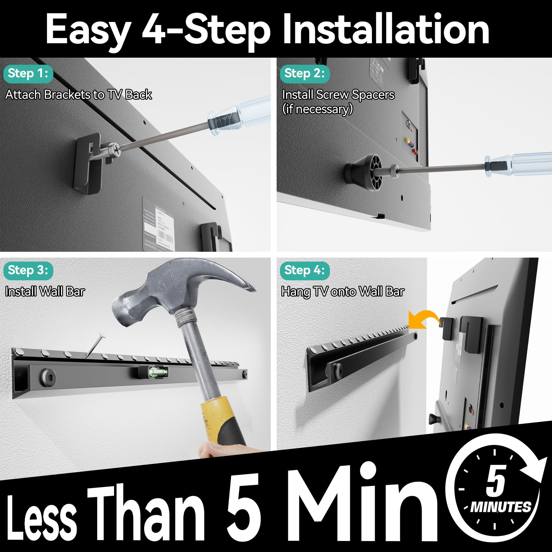 Auoace No Drill TV Wall Mount for 22 to 55 inch TVs, Drywall Smart TV Bracket Tilts Up to 5°, Low Profile TVs Mount up to 100 Lbs, Fast to Install for Bedroom, Living Room, Include All Hardware kit