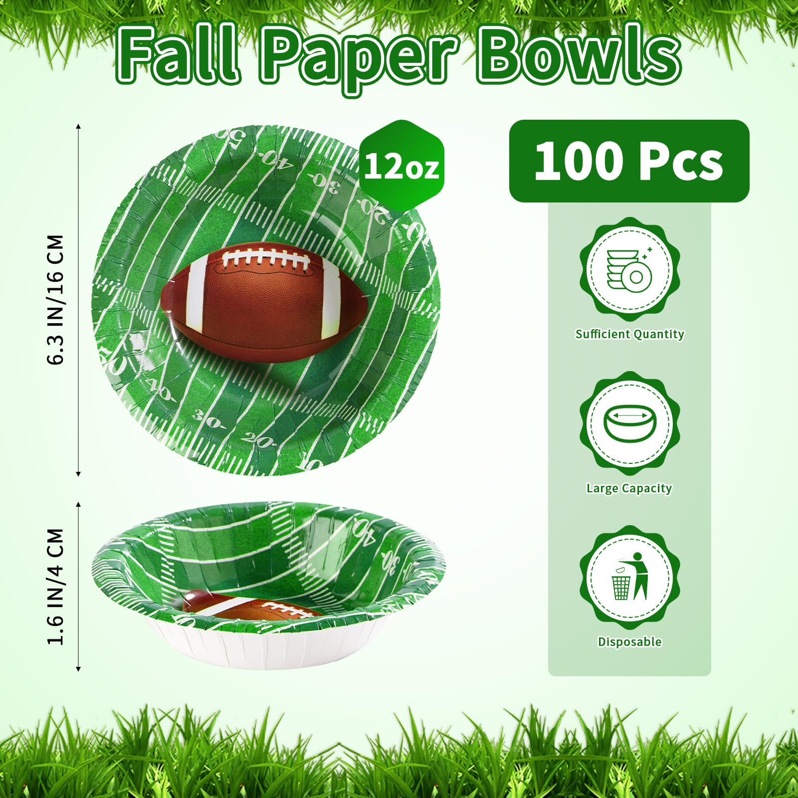 Grencian 100 Pcs 12 Oz Football Paper Bowls Football Party Supplies Heavy Duty Football Party Disposable Soup Bowls Football Dessert Bowls for Football Birthday Gameday Tailgate Party Decorations