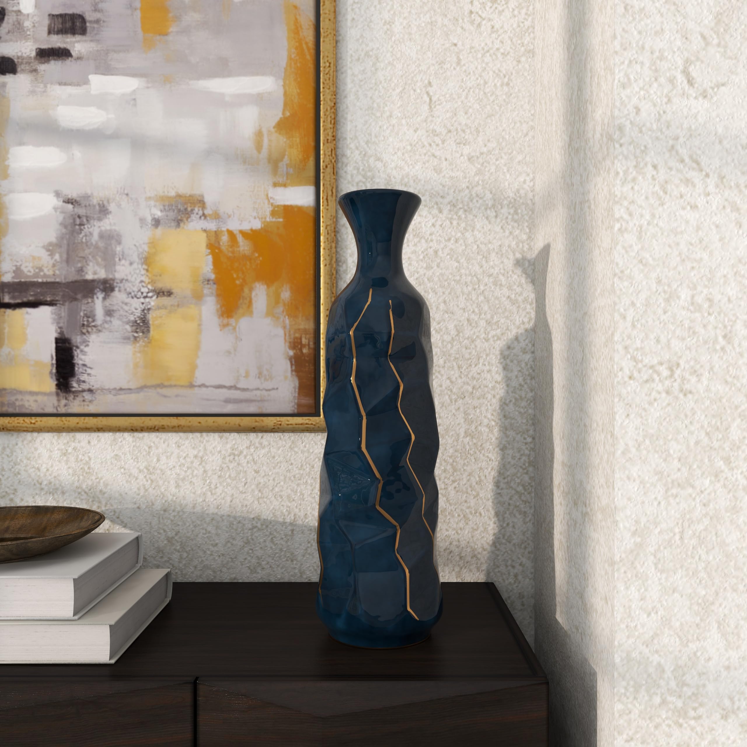 Deco 79 Ceramic Decorative Vase Faceted Centerpiece Vase with Gold Accents, Flower Vase for Home Decoration 6" x 6" x 21", Teal