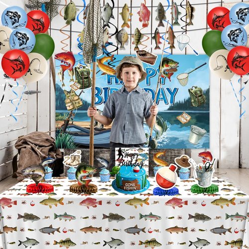 Fishing Birthday Party Decorations Includes Backdrop, Banner, Hanging Swirls, Balloons, Cake & Cupcake Toppers, Honeycomb Centerpieces for Ofishally One Birthday Decorations