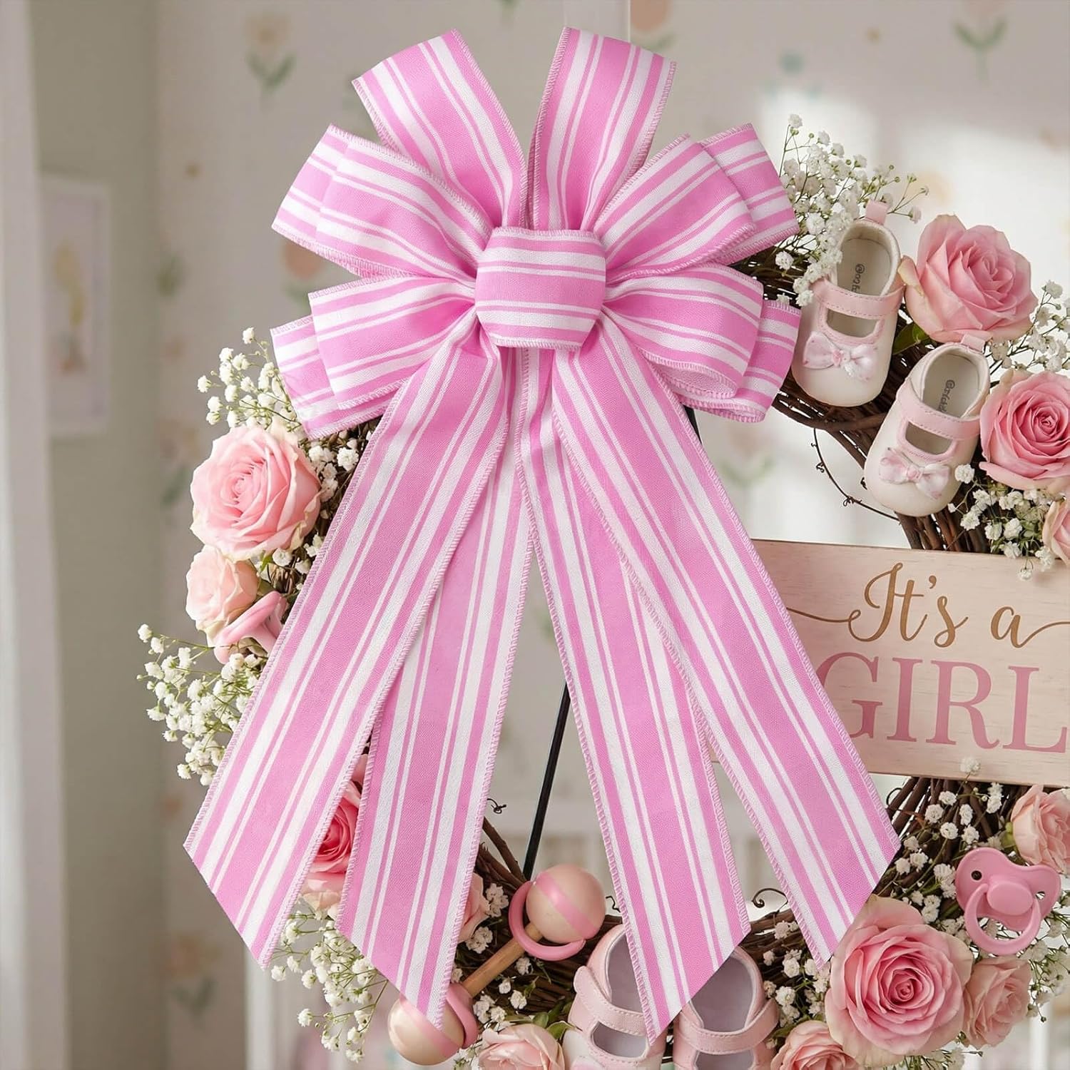 Skiennix Pink & White Striped Wreath Bow - Large 20x11 Inch Baby Shower Decor | Spring & Easter Accent