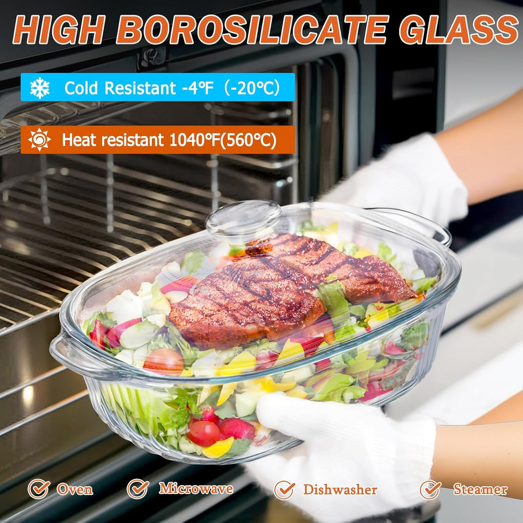 Reasim Glass Casserole Baking Dish - 2.8L/3Qt Oval Dish with Lid | Oven, Freezer & Microwave Safe